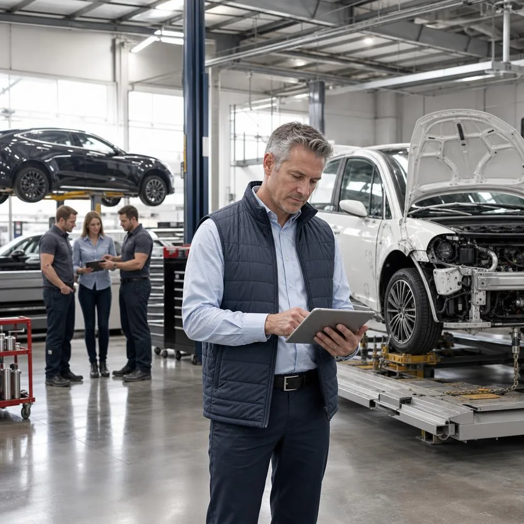 A professional modern collision repair facility with polished concrete floors, a vehicle being carefully repaired in a clean