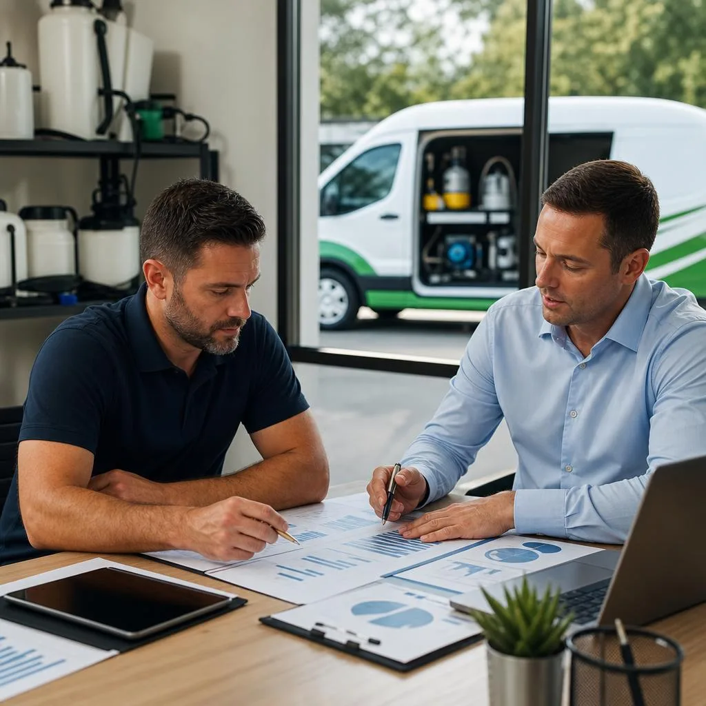 A professional scene inside a modern pest control company office, showing a confident business owner reviewing financial char