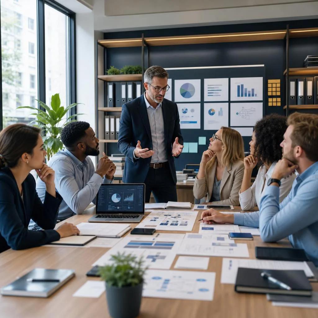 A professional business strategy session in a bright modern office, showing a diverse small business leadership team gathered