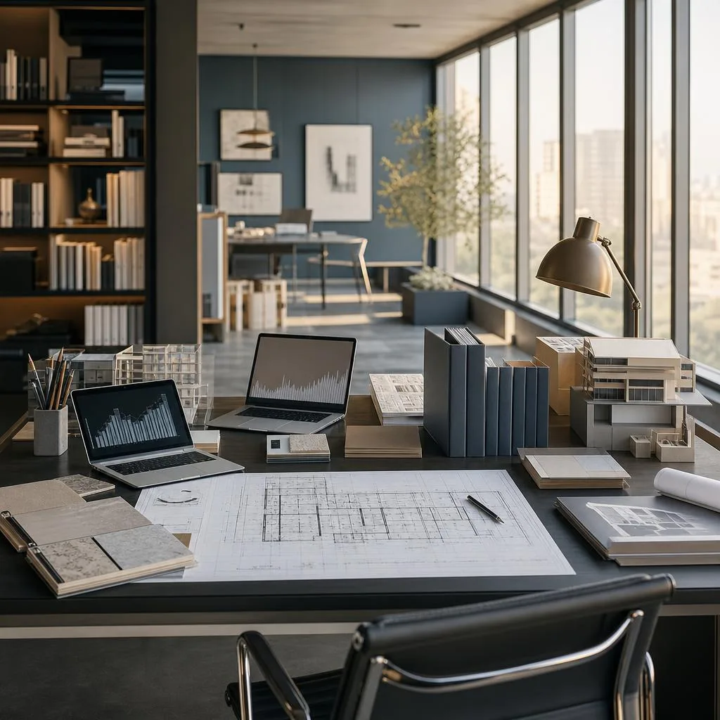 professional photograph of a modern architecture studio at the end of a productive workday, with detailed architectural drawi