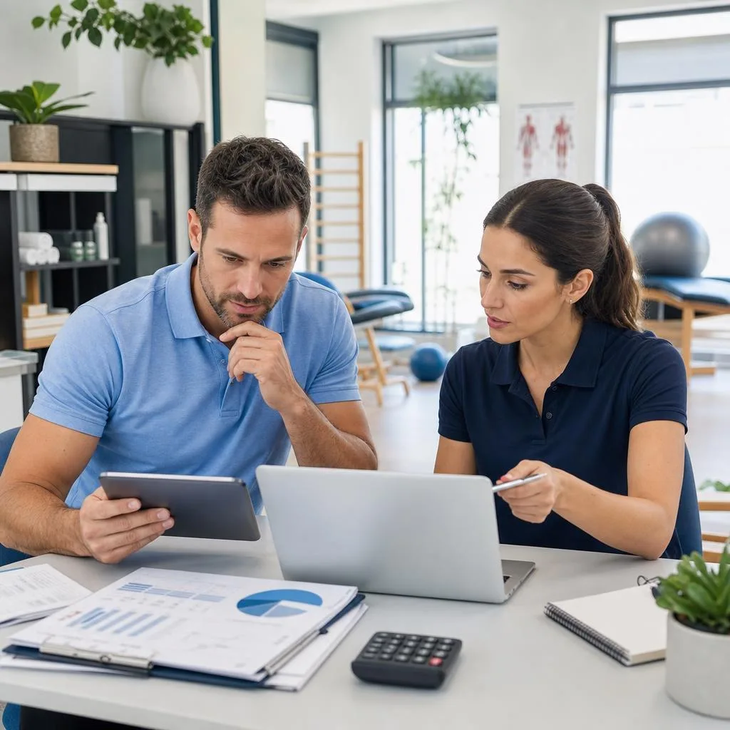 A professional physiotherapy clinic finance planning scene: a confident clinic owner and physiotherapist reviewing financial