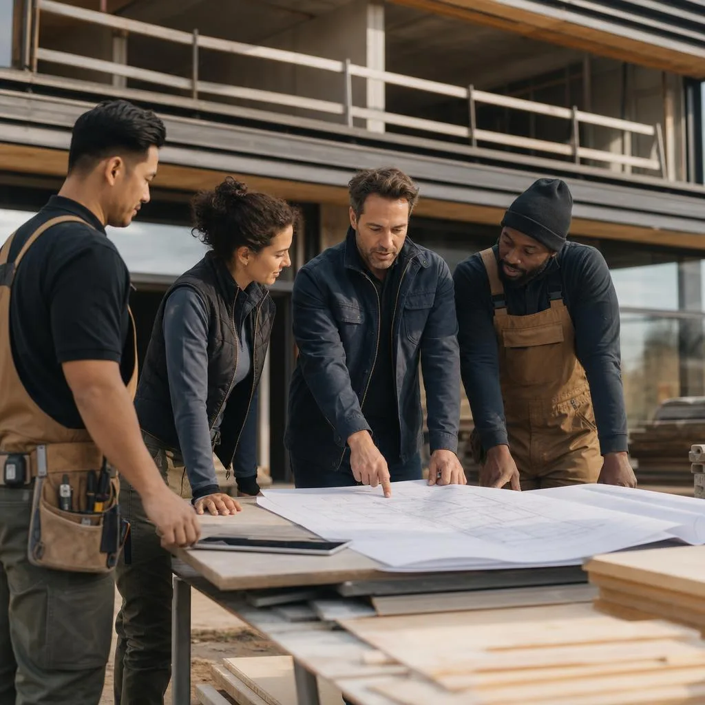 A professional construction scene showing a confident contractor or small contracting business owner reviewing architectural