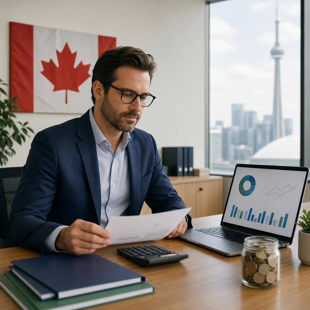 A professional editorial scene showing a Canadian business owner reviewing savings and tax planning at a modern office desk,