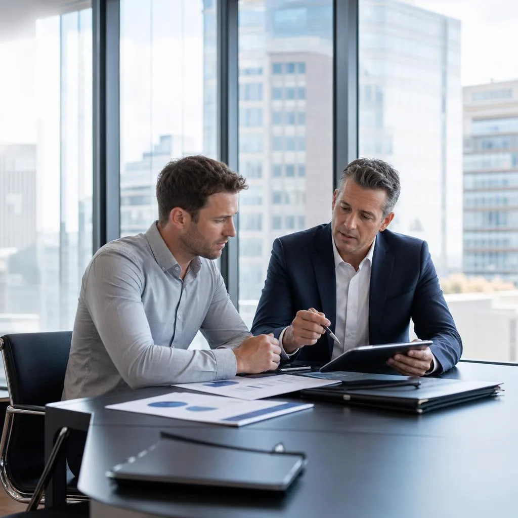A professional meeting in a modern glass-walled business consulting office, with a business owner and an experienced broker r