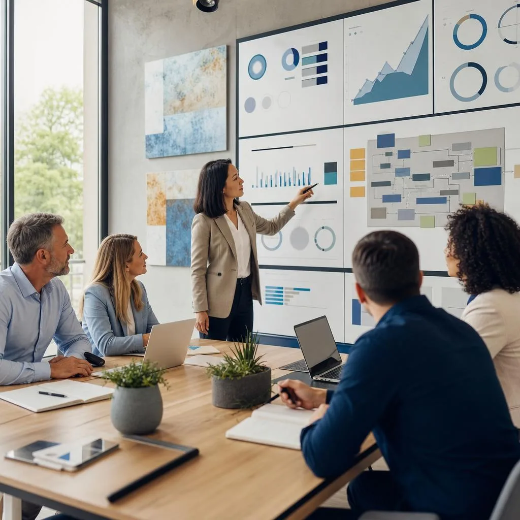 A modern business strategy meeting in a bright, sophisticated consulting office, with a diverse group of business owners and