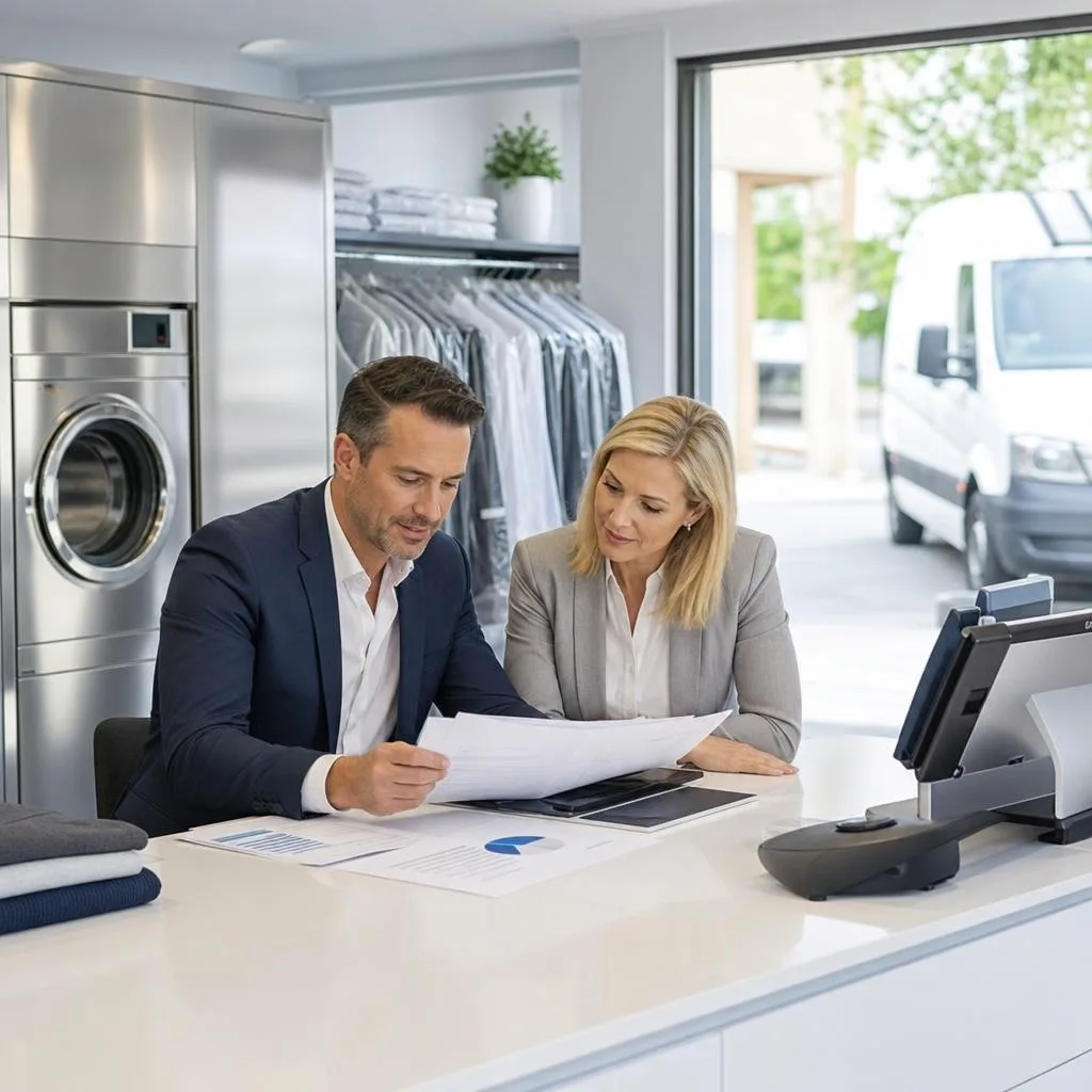 A professional modern dry cleaning business interior with spotless stainless-steel garment-care equipment, neatly organized c