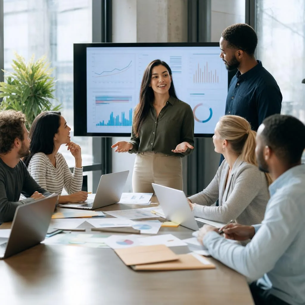A professional modern office scene showing a diverse startup team gathered around a table reviewing growth charts, customer j