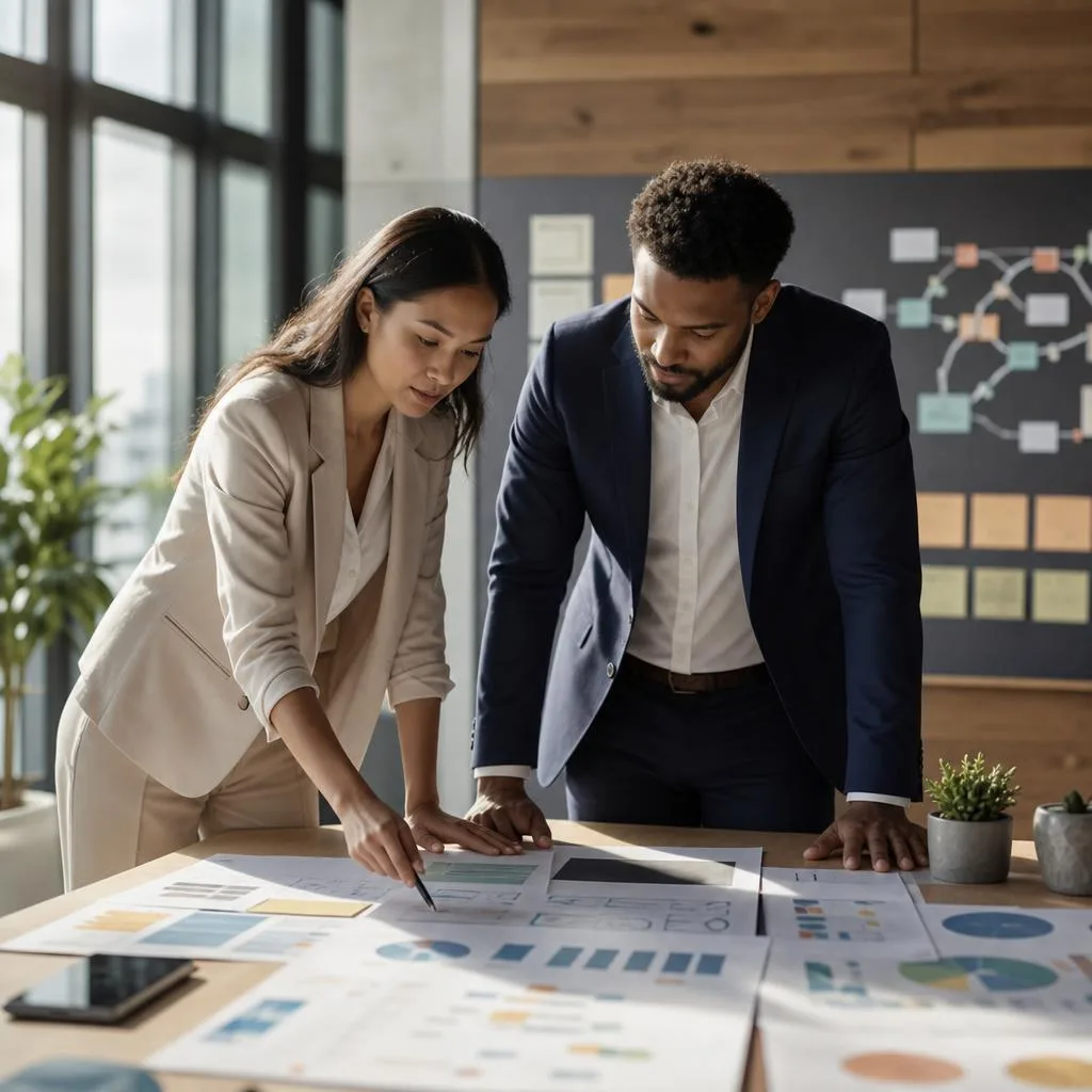 A modern business strategy session in a bright, sophisticated office, with a diverse consultant and business owner reviewing