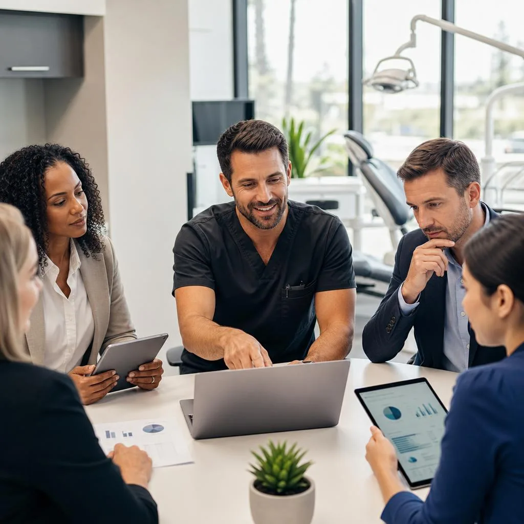 A professional modern dental practice planning session with a confident dentist and diverse consulting team reviewing growth