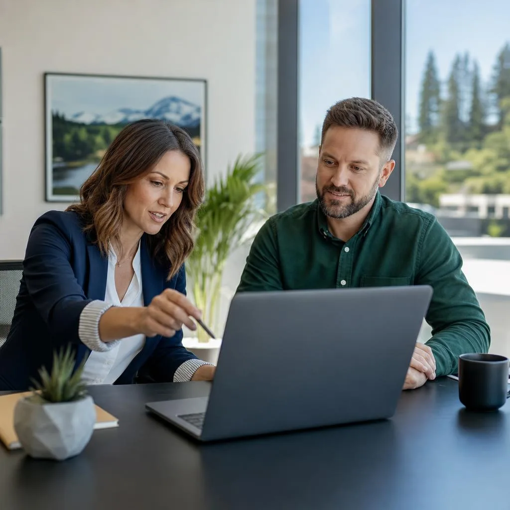 A professional editorial scene showing a confident small business owner in a bright modern Langley office reviewing local sea