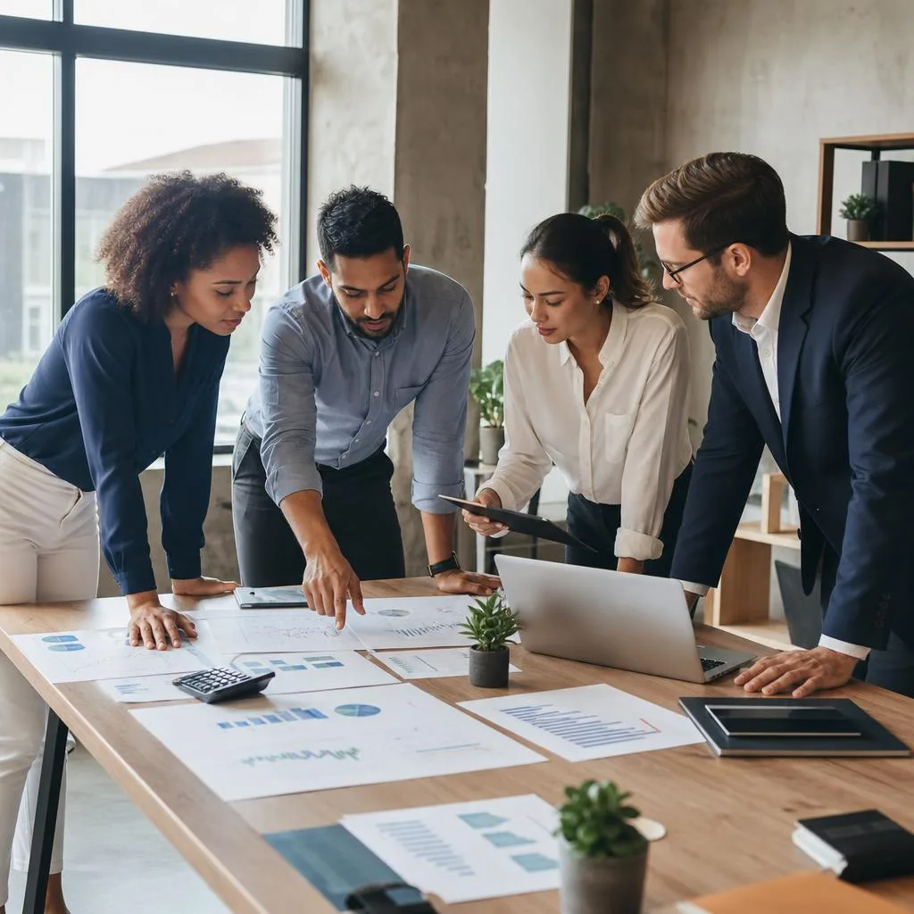 A professional modern office scene showing a diverse small-business leadership team reviewing financial charts, operational s